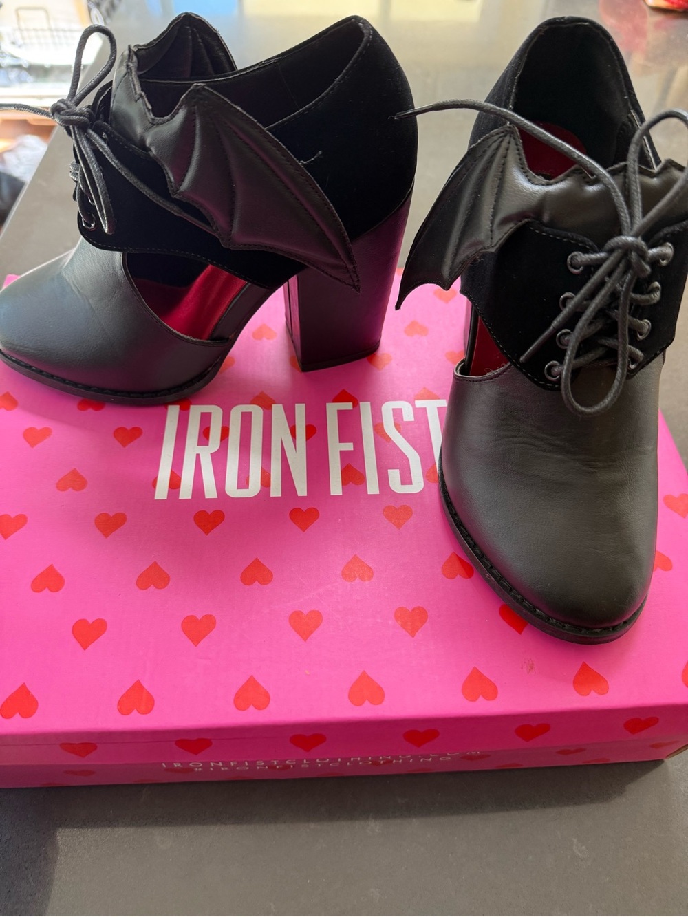 Iron Fist Black Bat Wing Lace-Up Block Heels - Picture 2 of 5